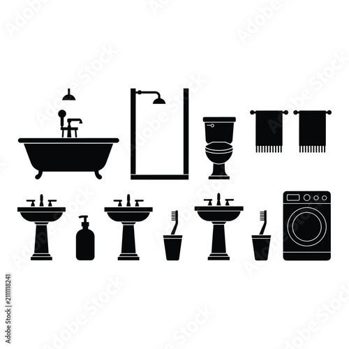 Collection of bathroom essentials icons including sink faucet toothbrush soap bottle bathtub shower toilet washing machine towel rack