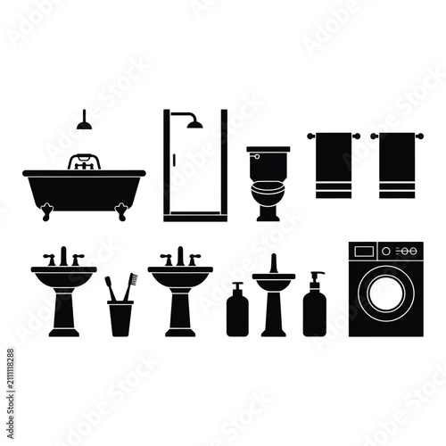 Collection of black and white bathroom icons featuring bathtub shower toilet sink washing machine and accessories isolated