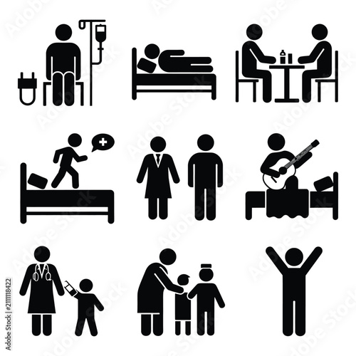Collection of black and white icons depicting various healthcare recovery and family support scenarios