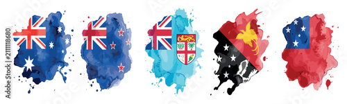 Oceania nations flags watercolor paint splashes set