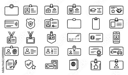 Fotografie Premium ID card, badge, identification, pass and credential line icons set