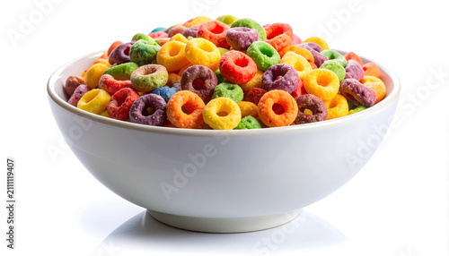 A bowl overflowing with brightly colored heavily sweetened artificial loop cereals isolated on white.