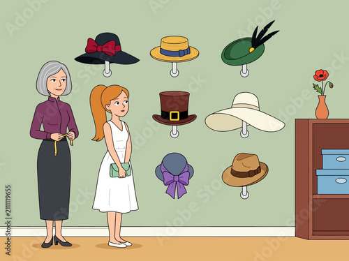 Slika na platnu Milliner and Customer Choosing Elegant Vintage Hats in Boutique