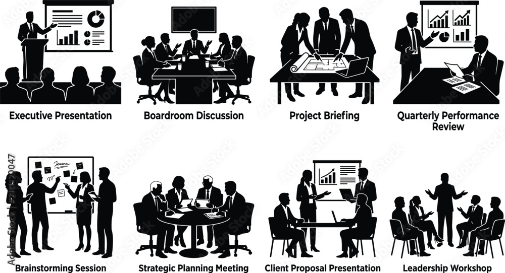 Obraz premium Business meeting and corporate presentation black silhouette vector icon set featuring teamwork and executive strategy sessions