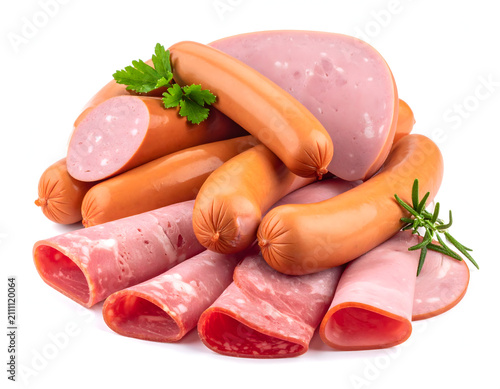 Macro shot of a processed meat assortment including raw industrial hot dogs and shiny sliced bologna.
