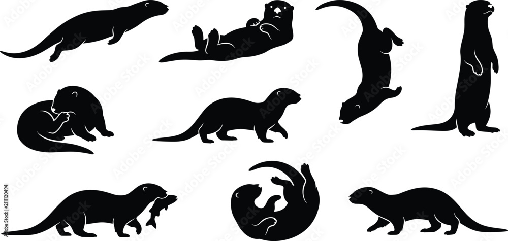 Obraz premium Otter Silhouette Vector Set with Swimming Standing Hunting and Playing Wildlife Poses