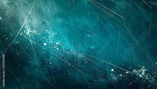 Deep teal background with vintage distressed scratches and glowing white dust particles.
