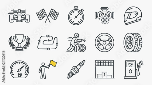 Schilderij op canvas Creative Black and White Line Icons Set Featuring Racing Mechanics and Pit Stop