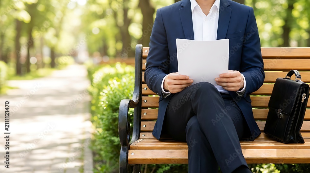 Fototapeta premium Businessman in dark blue suit seated on outdoor wooden park bench clutching blank white document with black briefcase resting nearby during tranquil sunny day in urban green setting.