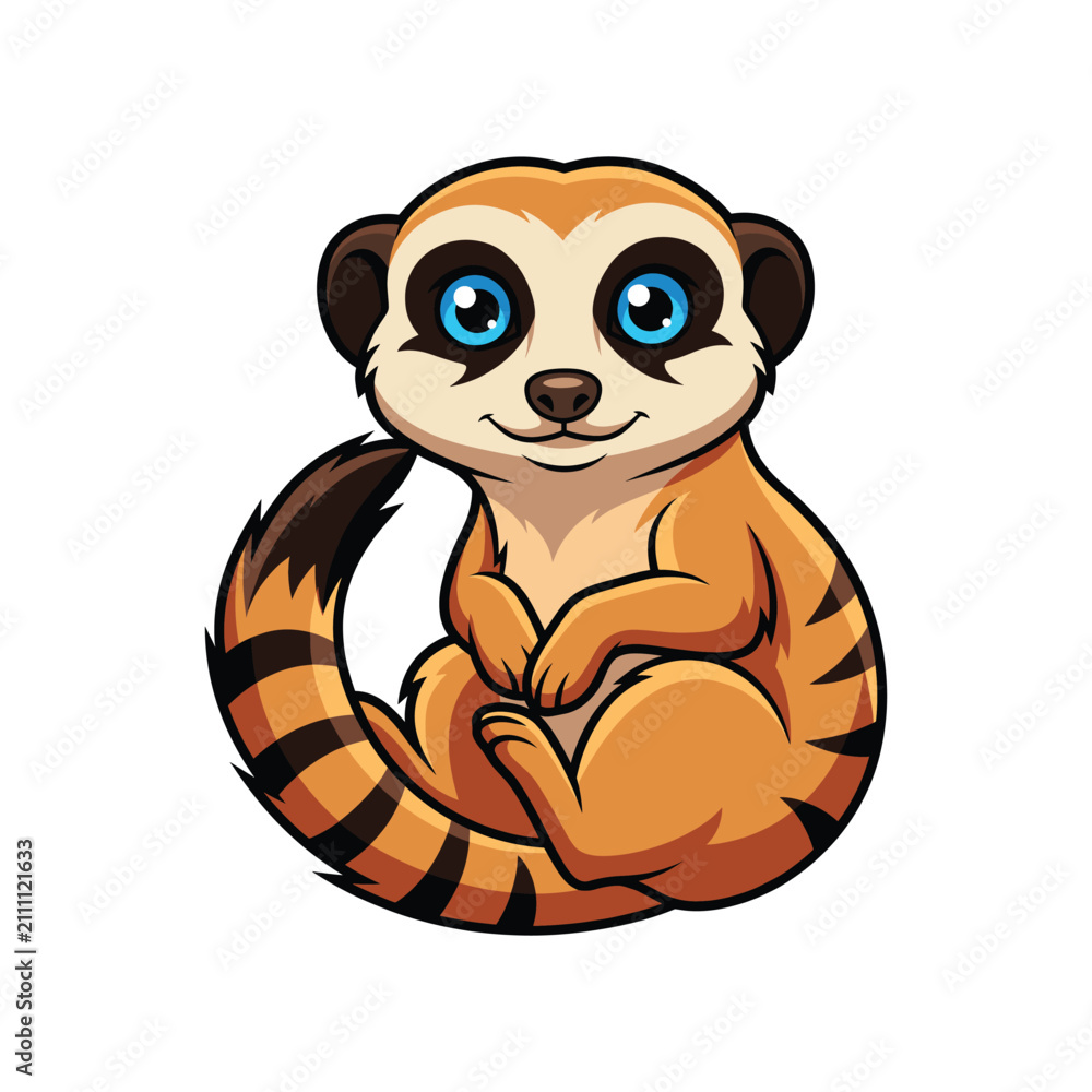 Obraz premium Cartoon meerkat illustration with a striped tail and bright blue eyes on a white background suricate mongoose animal mammal wildlife