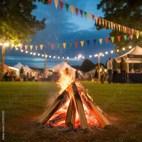 A glowing campfire burns on a lawn at an evening outdoor party. Ideal for.