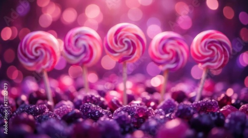 Colorful swirly lollipops on purple background.