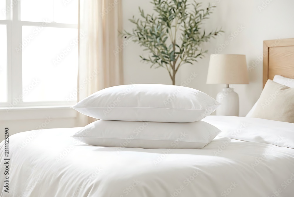Fototapeta premium Two white fluffy pillows stacked neatly on tidy unmade bed with soft linen bedding in bright bedroom showing interior design concept with blurred olive tree and bedside lamp behind.