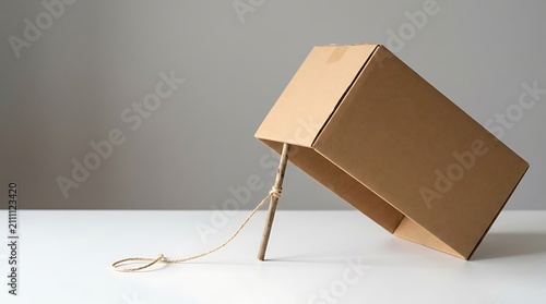 Simple cardboard box trap with wooden stick prop and tied string rope prepared for catching small animals like rodents on bright white table surface against minimalist gray wall backdrop.
