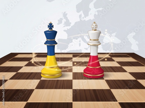Ukraine and Poland kings on chessboard depicting diplomacy concept