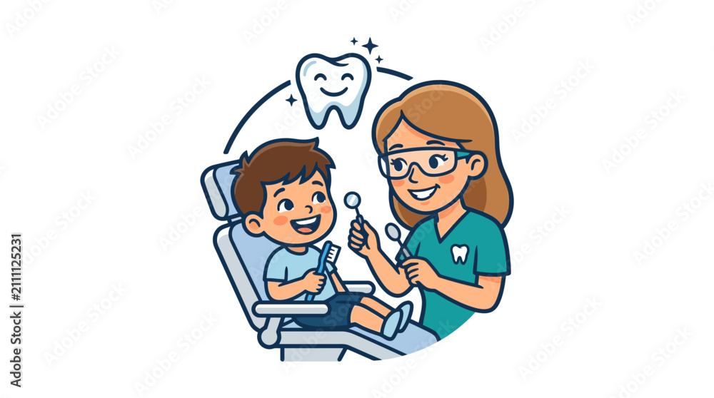 Fototapeta premium Friendly Female Dentist Conducting a Dental Checkup for a Happy Young Boy in a Clinic