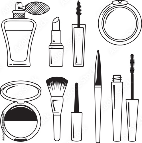 Flat line drawing of makeup and beauty products set Vector