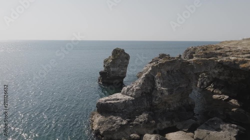 Aerial view of the rocky arc in the Black sea near Tyulenovo village, Bulgaria.
