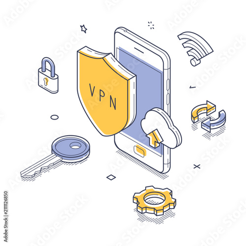 VPN virtual private network user privacy mobile app concept isometric line vector illustration. Internet connection protect account information location safety security digital technology application