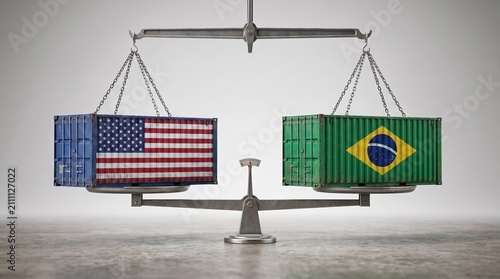USA and Brazil flags on shipping containers balanced on a scale representing trade relations