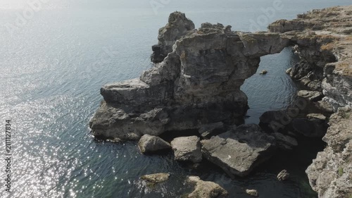 Aerial view of the rocky arc in the Black sea near Tyulenovo village, Bulgaria.

