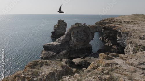 Aerial view of the rocky arc in the Black sea near Tyulenovo village, Bulgaria.

