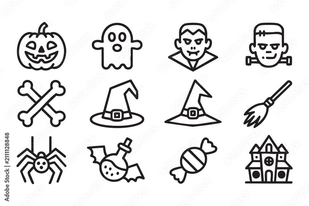 Fototapeta premium Spooky Halloween Symbol Pack with Bat Spider Candy and Potion Icons