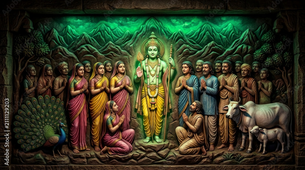 Fototapeta premium Ornate relief carving depicts a central deity surrounded by devotees, peacocks, and cows, representing spiritual reverence and cultural heritage