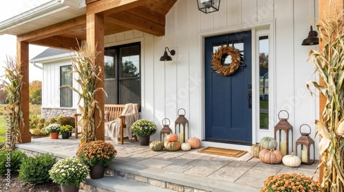 Autumn porch decor with pumpkins and seasonal flowers.