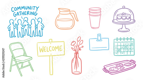 Vibrant hand-drawn community gathering event essentials including people, coffee, cake, cookies, and a welcome sign for social events.