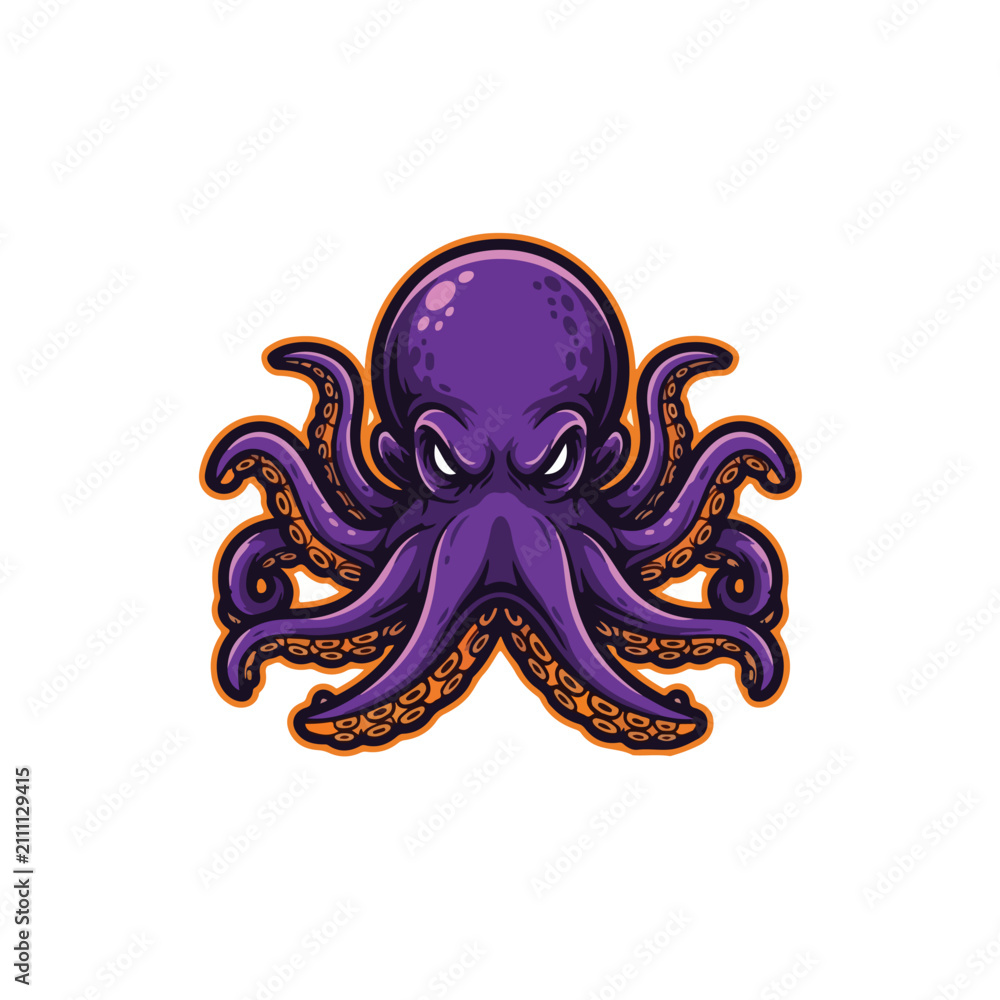 Fototapeta premium Fierce purple octopus mascot logo illustration.