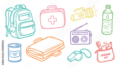 Essential emergency survival kit items collection including backpack, first aid, flashlight, water bottle, canned food, and hygiene supplies.