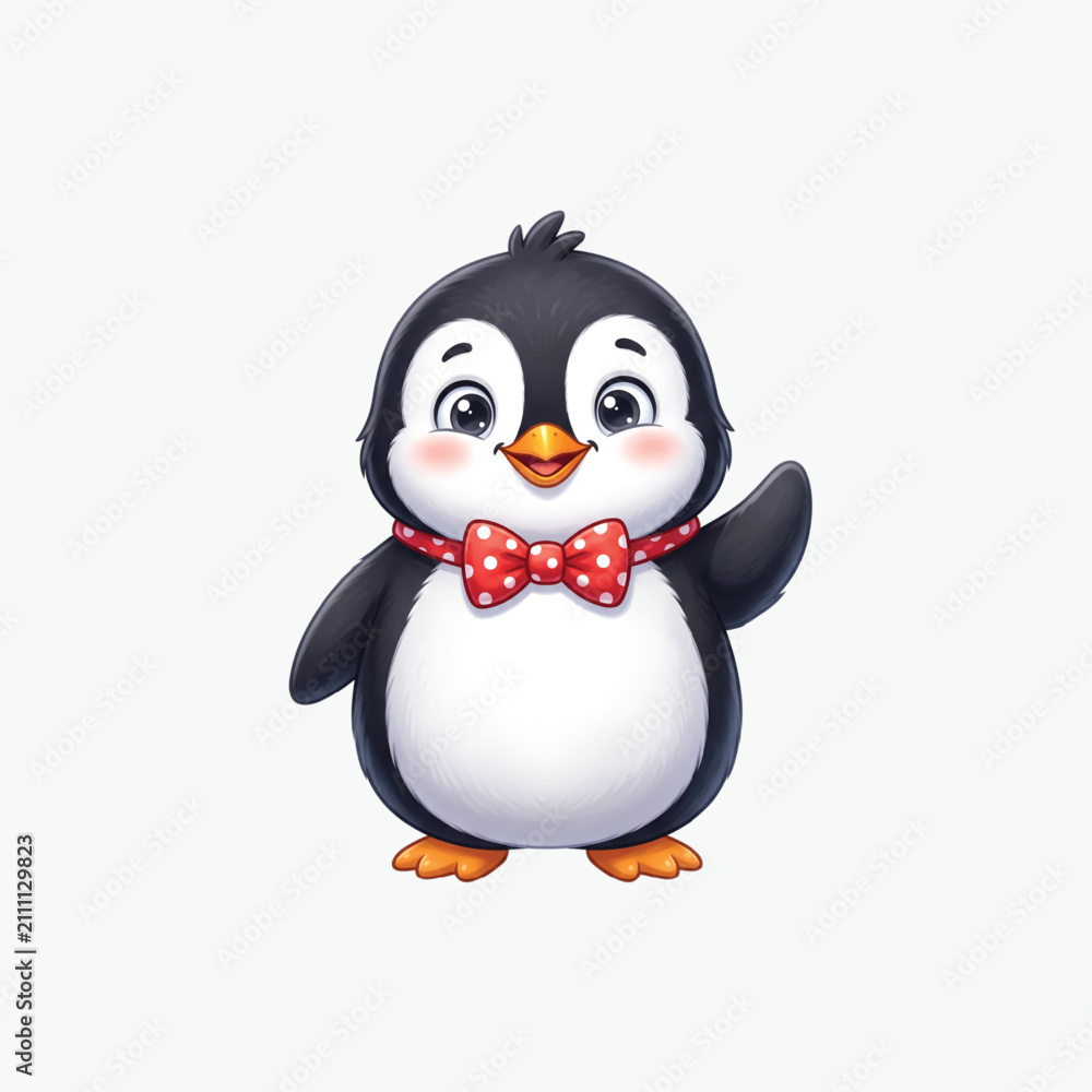 Fototapeta premium Adorable baby penguin wearing a red polka dot bow tie waving its wing happily