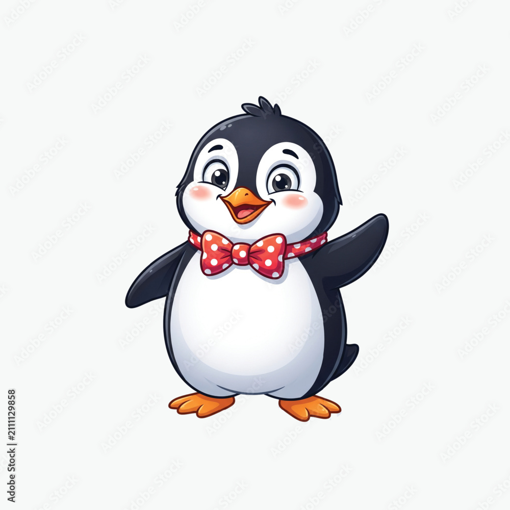 Obraz premium Cute cartoon penguin character wearing a red polka dot bowtie and waving with a happy smile