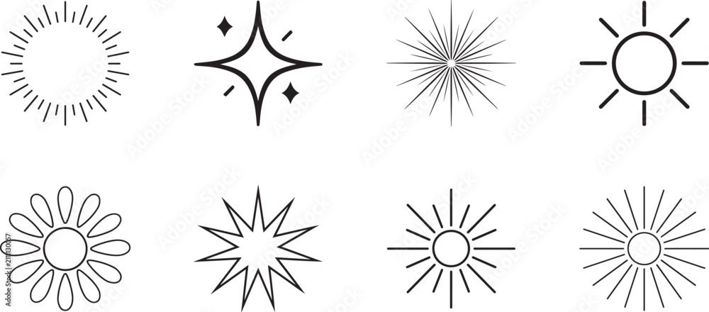 Obraz premium Black sunburst shapes one-line drawing set with minimalist radial rays for modern vector design elements.