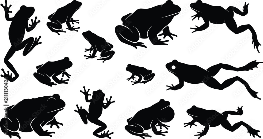 Obraz premium Tree Frog and Toad Silhouette Collection Isolated on White Amphibian Vector Set