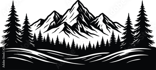 Black silhouette of jagged mountain peaks and pine trees against  mountains