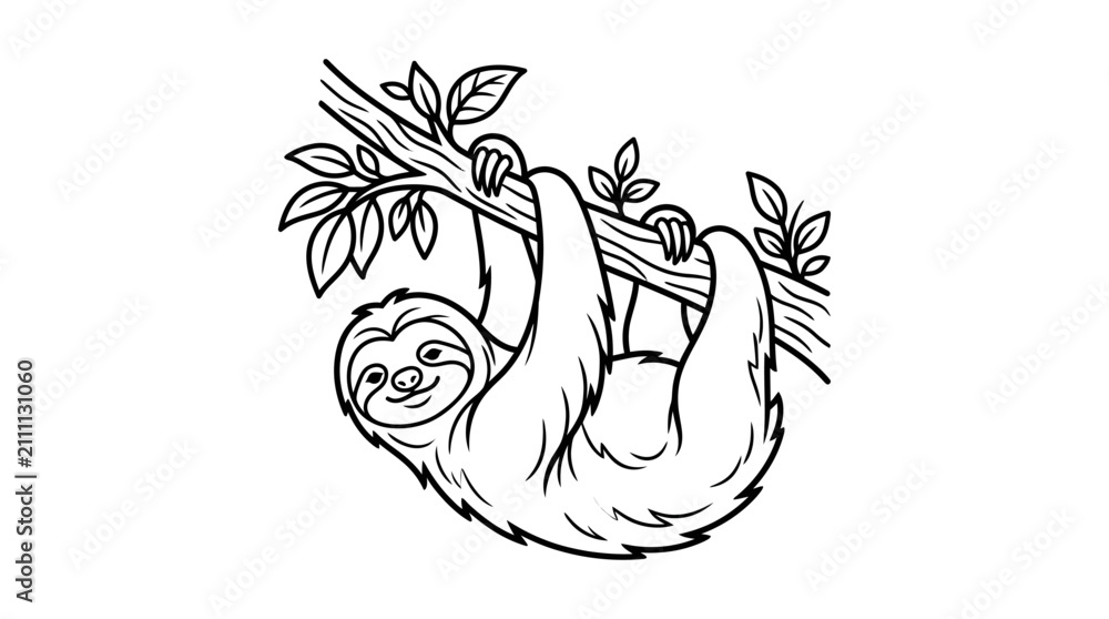 Obraz premium Sleek Black and White Line Drawing of a Sloth Hanging from a Branch with Leaves and Small Plants