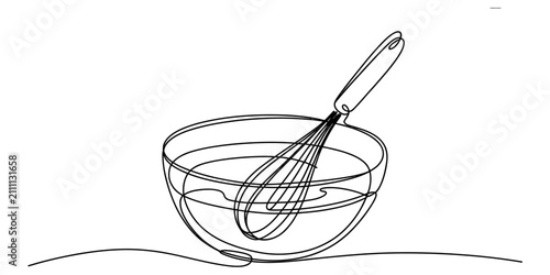 Bild auf Leinwand Continuous single line drawing of a kitchen whisk inside a mixing bowl for cooki