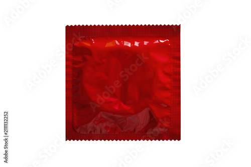 Single red condom in a sealed wrapper isolated on transparent background, ideal for health, protection, and safe sex concepts.