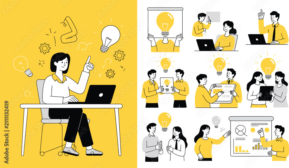 Fototapeta premium vector illustration banner with creative business ideas and lightbulbs, inspiring innovation, brainstorming, teamwork, entrepreneurship, and professional corporate communication graphics.