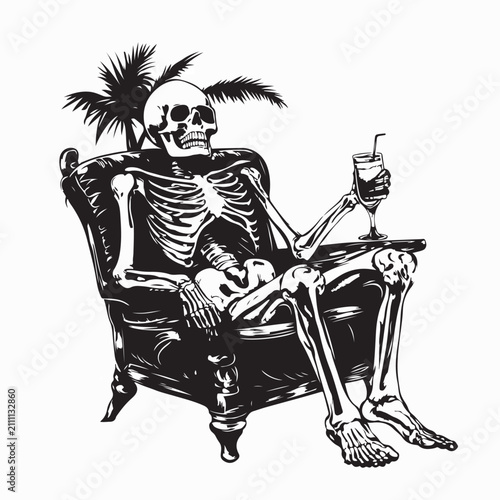 Resting Skeleton with Cocktail on Sofa Isolated on White Background Vector Illustration