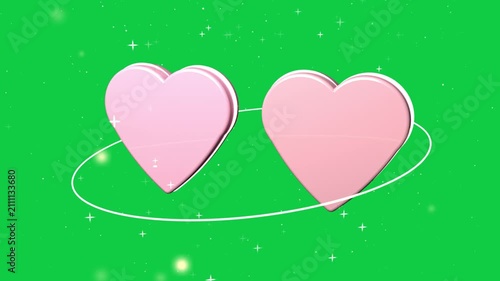 Camera orbiting, paired pink 3D hearts rotating, white ring tilting, revealing depth, transparent