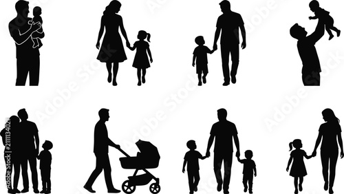 Obraz na płótnie Collection of black silhouettes of parents and children in various poses, includ