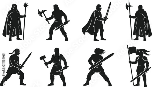 Cuadro en lienzo Collection of eight black silhouettes of medieval warriors and knights holding v