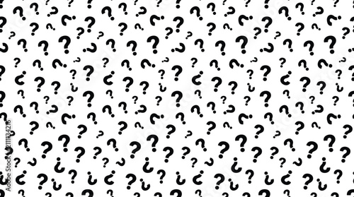 Seamless pattern of black question marks scattered on a white background, repeating symbol wallpaper for education, mystery, or faq concepts, contrast