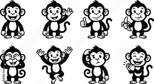 Set of eight black and white monkey character in various poses, including waving, holding a banana, giving a thumbs up, and clapping, isolated on a white