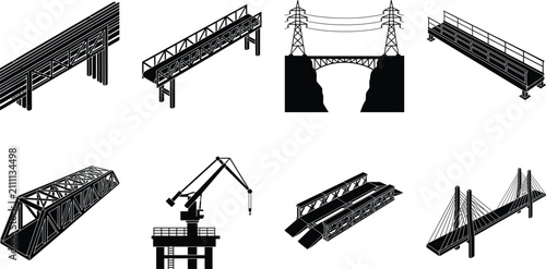Canvastavla Bridge Engineering Icons Set with Truss, Suspension, Cable Stayed and Viaduct Si
