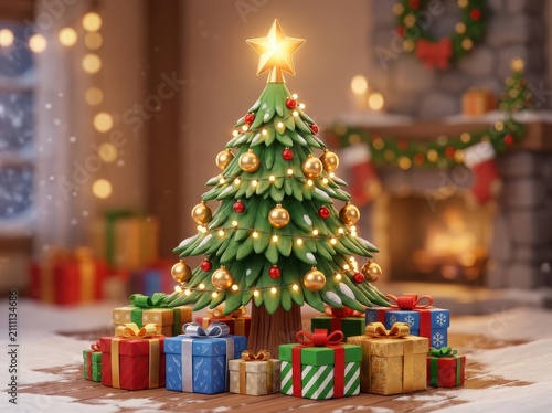 Decorated christmas tree with glowing star on top and colorful gift boxes on the floor in a cozy living room with a fireplace