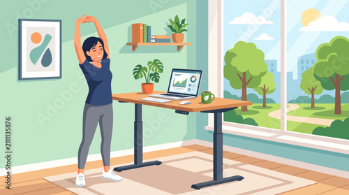 Young woman doing stretching exercises at a standing desk in modern home office